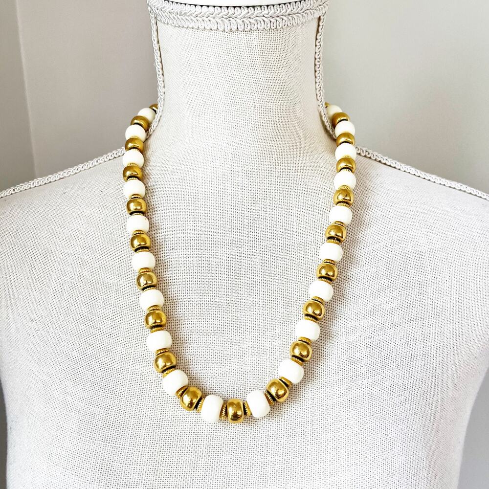 Crown Trifari Vintage Gold & White Beaded Necklace